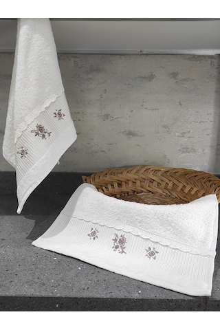 %100 Pamuk & Nakışlı Havlu Takımı - 2'li Dantelli Havlu Seti - 40x60 Cm Ekru Ekru