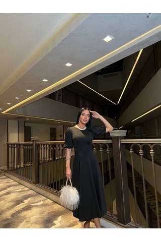 Defymoda Kadın Bisiklet Yaka Kısa Kol Lastik Detay Uzun Elbise Siyah