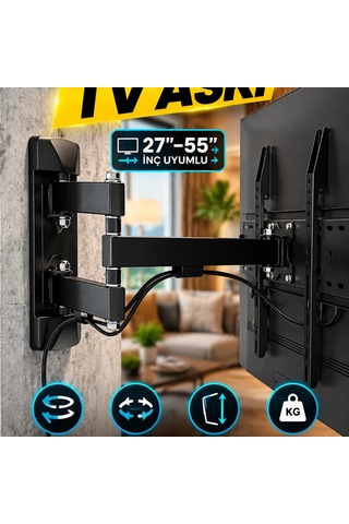 27 55 İnç Hareketli Çift Kollu Tv Askı Aparatı Lcd Led Duvar Montaj Aparatı