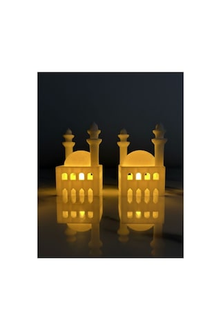 Ramazan Cami Figürlü Biblo İkili Set Işıklı Pilli Mumluk Ev Aksesuarı Beyaz