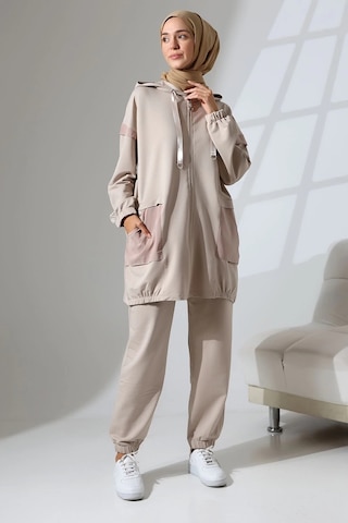Kadın Taş Rengi Mevsimlik Penye Alt Üst Spor Ve Rahat Ikili Tunik Pantolon Şık Tesettür Takım Taş Rengi