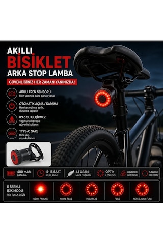 Luve Store Akıllı Bisiklet Arka Stop Lambası Fren Sensörlü Type-c Şarjlı Ipx6 Suya Dayanıklı 5 Modlu Led Işık Siyah
