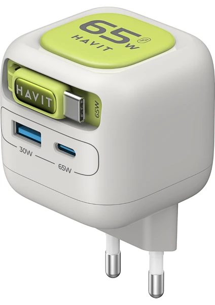 Havit Uc253 65w Gan Hızlı Şarj Adaptörü Geri Çekilebilir Kablolu Pd Type-c - Gri Yeşil