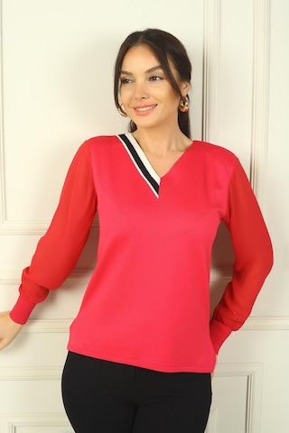 By Saygı Kadın V Yaka Yarısı Şeritli Kolları Şifon Kazak-39637 Fuşya