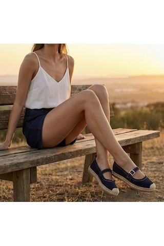 Futsishoes Coral Lacivert Hakiki Deri Toka Detaylı Kadın Espadril Ayakkabı