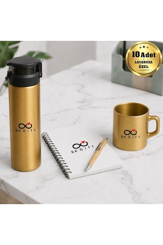 Logonuza Özel 10 Adet Ahşap Kutulu Gold Kurumsal Hediye Seti Cam Suluk, Seramik Fincan, Defter Ve Kalemli Promosyon Seti