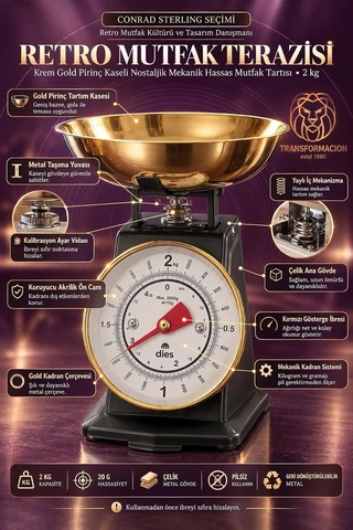 Retro Mutfak Terazisi Siyah Gold Pirinç Kaseli Nostaljik Mekanik Hassas Mutfak Tartısı 2 Kg 723811 Çok Renkli