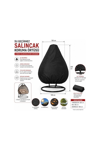 2 Kişilik Salıncak Koruma Örtüsü 230x130x130 Cm Su Geçirmez Bahçe Salıncağı Kılıfı Siyah