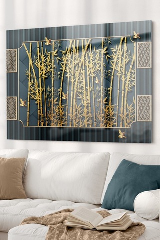 Gold Detaylı Ağaç Dalları Ve Kuş Doğa Temalı Cam Tablo 50x70 Cm
