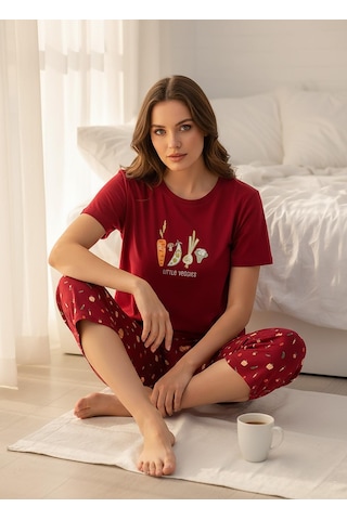 Mihra Kadın %100 Pamuk Bisiklet Yaka Kısa Kol Kapri Pijama Takımı 90787kk - 1 Adet Kırmızı