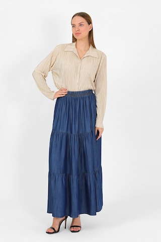 Beli Lastikli Büzgülü Tensel Etek Koyu Mavi