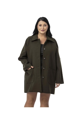 Büyük Beden Gömlek Yaka Reglan Kollu Torba Cepli Astarsız Kaşe Kısa Haki Kaban Haki