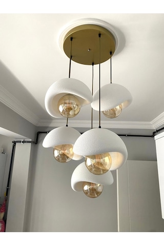 Modern 5'li Avize Beton Dokulu - Salon Ve Oturma Odası İçin Şık Tasarım Rustik Ampul Hediyeli Eskitme - Gold