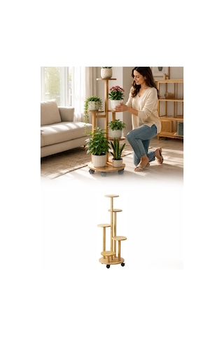 Ahşap 5 Katlı Tekerlekli Çiçeklik Saksılık Dekoratif Daire Model Bitki Rafı