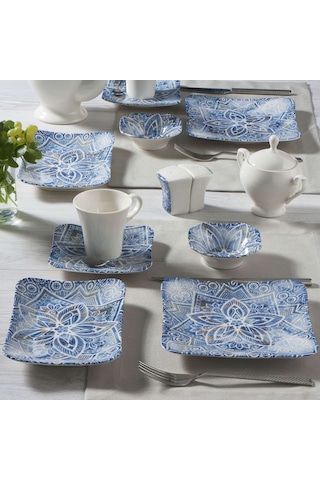 GÜRAL GÜRAL SPİNOZA 36 PARÇA 6 KİŞİLİK KARE BONE KAHVALTI TAKIMI - 1006 Beyaz - Mavi