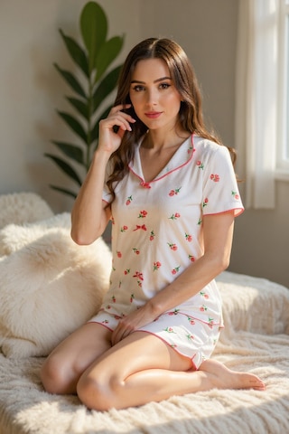 Bella Notte Ekru Çiçek Baskılı Pamuklu Şortlu Pijama Takımı