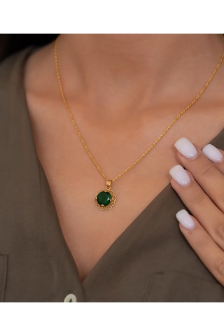 Bayar Gold 14 Ayar Altın Yeşil Taşlı Telkari Kolye Sarı Altın