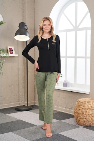 PJS 23521 Kadın Patlı Puanlı Pijama Takım Yeşil