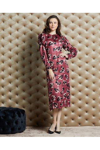Serpil Exclusive Emprime Desenli Saten Dokulu Midi Elbise Şık Ve Modern Stil Bordo