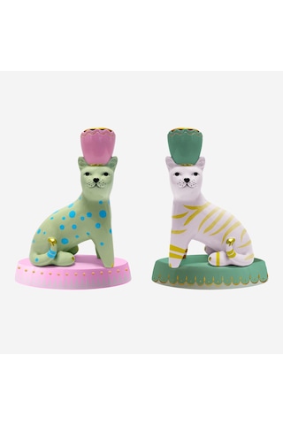 Kedi Formlu Yeşil Resin Alüminyum Mumluk 12x24 Cm