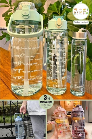 Tilbe Home 3lü Motivasyonel Su Matarası Stickerlı Pipetli Taşınabilir Sızdırmaz Su Şişesi Soft Green Soft Green