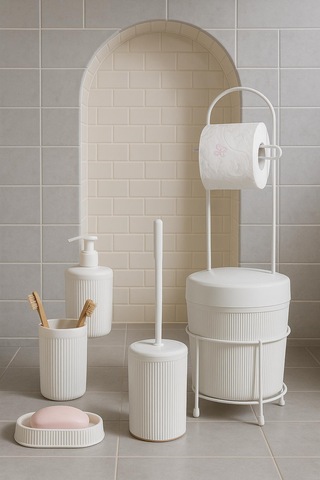 6 Parça Banyo Seti Çöp Kovalı Tuvalet Kağıtlığı-tuvalet Fırçası-sıvı Ve Katı Sabunluk-diş Fırçalık Beyaz