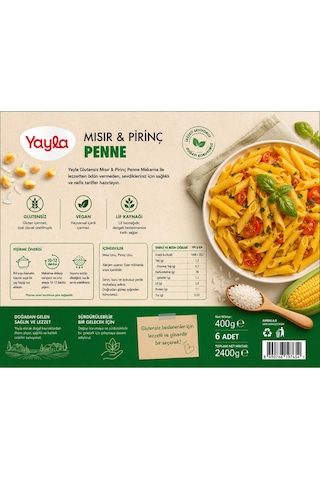Yayla Glutensiz Mısır & Pirinç Penne Makarna 400 Gr X 6 Lı Avantaj Paketi Vegan