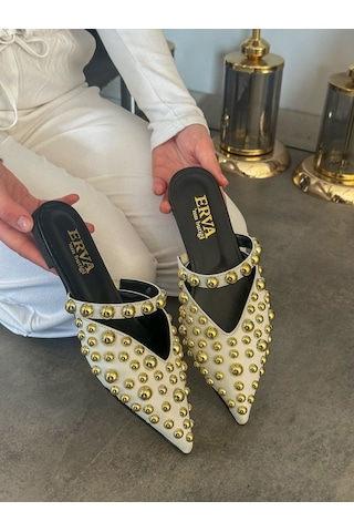 Erva'nın Butiği Beyaz Cilt Maria Gold Droplu Kadın Terlik-5469