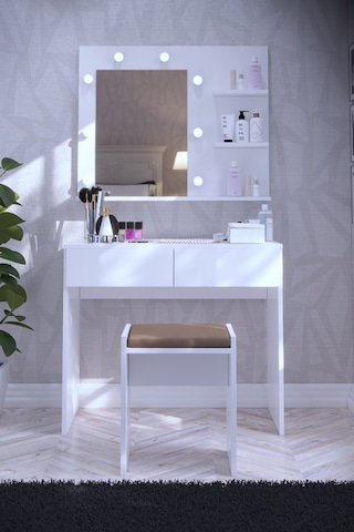 Dekorfim DF02104B Tabureli Çekmeceli Işıklı Aynalı Makyaj Masası
