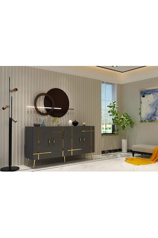 Honest Konsol Tv Sehpası Çok Amaçlı Dolap 150 Cm Antrasit Altın