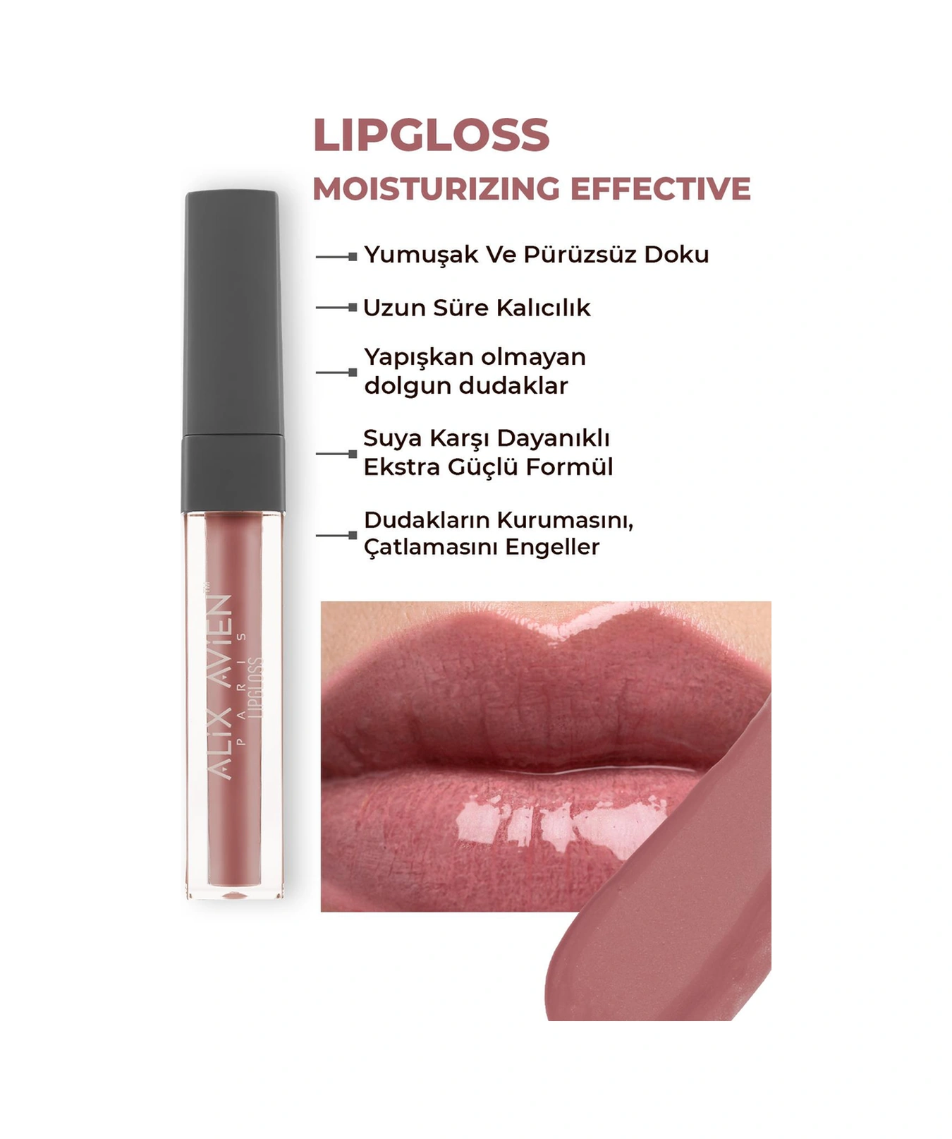 Alix Avien Uzun Süre Kalıcı Yapışkan His Bırakmayan Nemlendirici Dudak Parlatıcısı Lipgloss 02 Dusty Rose