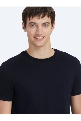 Kip Lacivert Düz Bisiklet Yaka %100 Pamuk T-shirt Lacivert