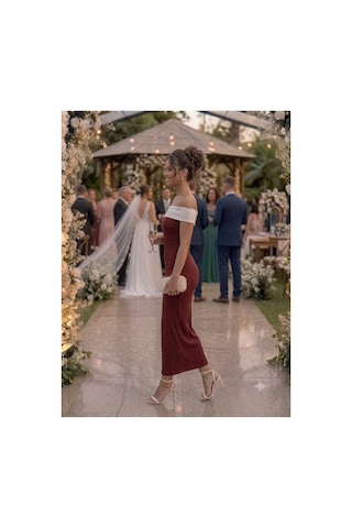 Zdnjeans Kadın Bordo Madonna Yaka Midi Boy Vücuda Oturan Davet & Düğün Elbisesi Yeşil