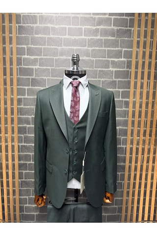 Dupont Classics Erkek Slim Fit 6 Drop Sivri Yaka Yelekli Filafil Çift Yırtmaç Takım Elbise Koyu Yeşil