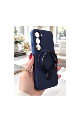 Tecno Spark 40 Pro İle Uyumlu 360 Derece Dönebilen Kalın Metal Magsafe Halka Stantlı İçi Kadife Korumalı Ultra Lüx Premium Silikon Kılıf Lacivert