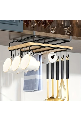 Honeybeeshop Siyah Mutfak Depolama Rafı Bardak Askılı Kesme Tahtası Kağıt Havlu Tutucu Ev Aşçıları İçin Siyah