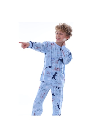 Bunny Hopp Dinozor Desenli %100 Pamuklu Erkek Çocuk Pijama Takımı - Mavi Penye Mevsimlik Takım Açık Mavi