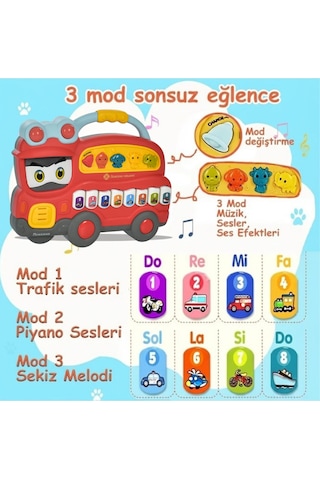 Eğitici Müzikli Işıklı Piyano Otobüs - Hayvan Sesli Ve Notalı Bebek Aktivite Oyuncağı Kırmızı