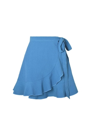 Yaz Kravat Yüksek Bel Düz Renk Fırfırlı Kısa Yarım Vücut Etek Mavi