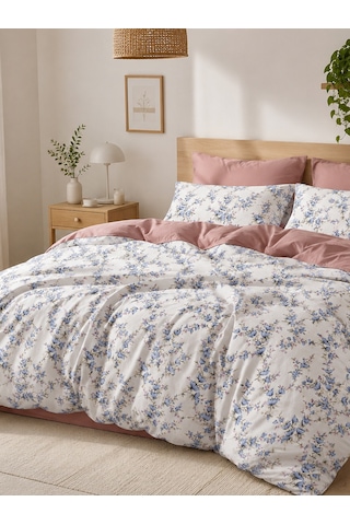 Mystory Home Çift Kişilik Lastikli Çarşaflı Nevresim Takımı Serenity Gül Kurusu - Mavi