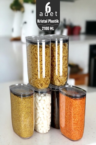 İronika Jumbo Boy 2100 Ml Gerçek Vakumlu Silikon Kapaklı Kristal Erzak Bakliyat Saklama Kabı Seti Baharatlık 6 Adet Şeffaf Şeffaf