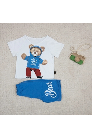 Momikon Erkek Çocuk Teddy Baskılı Pamuklu Takım Beyaz