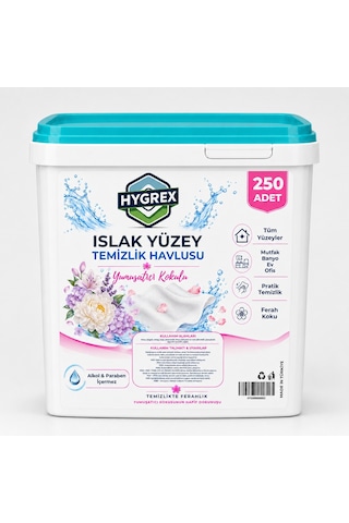 Hygrex Yüzey Temizlik Havlusu Yumuşatıcı Kokulu Islak Kova Mendil 250 Adet Ev Ofis Tüm Yüzeyler Beyaz