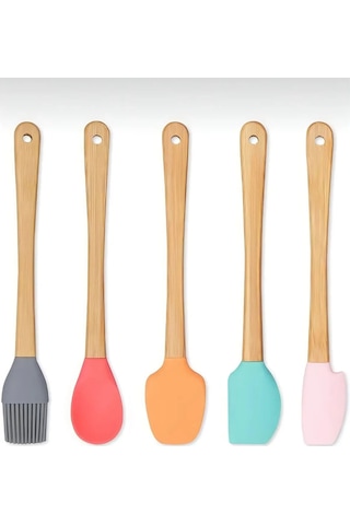 Periboia 5&amp 39 Li Renkli Ahşap Saplı Silikon Uçlu Spatula Fır Beyaz