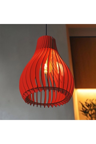 Vialux Modern Ahşap Bohem Rustik Avize Tekli Sarkıt Lamba Kırmızı Kırmızı