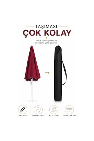 Bordo 200 Cm Çap/10 Telli Plaj Şemsiyesi + Şemsiye Kılıfı, Bidonsuz