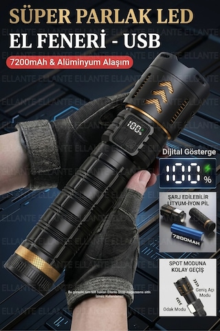 Süper Parlak Taktik El Feneri 10000 Lümen, 7200mah Şarj Edilebilir Çift Işıklı Led Yüksek Kalite Çok Renkli