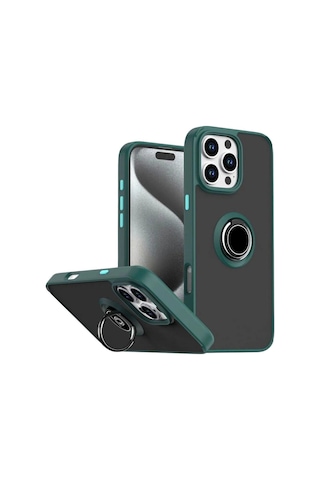 Apple iPhone 16 Pro Uyumlu Kılıf Yüzüklü Standlı Extra Darbe Koruma Sert Silikon Kapak - Yeşil