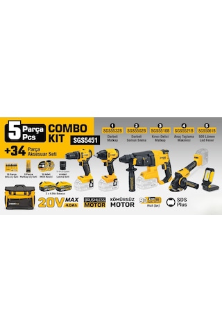 Sgs SGS5451 Darbeli Matkap + Kırıcı Delici Matkap + Avuç Taşlama Makinesi + Darbeli Somun Sıkma + Led Fener Combo Set 5 Parça