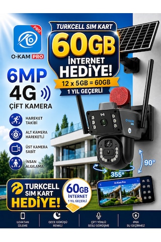 O-kam 3815 4g 6mp Dual Lens Güneş Panelli Solar Sirenli Güvenlik Kamerası 60gb İnternet 12ay 5gb